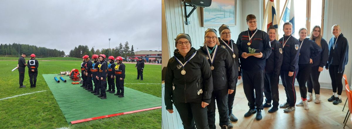 Vasemmalla kuvassa ryhmä CTIF-kilpailuun osallistuneita kilpailijoita nurmikentällä. Kuvassa oikealla kuva SM-Iines-kilpailun kolme parasta joukkuetta mitalit kaulassa.